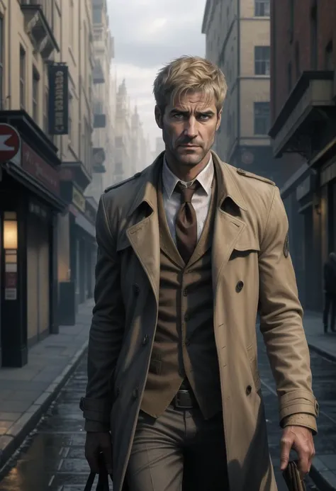((ultra intricate details, digital art style, airbrushed)), ((body portrait, body shot)), John Constantine walking the dreary streets of London, (old battered tattered) beige trench-coat, open white shirt, loose tie, grizzled face, (weary eyes, grim expression, harrowed look, somber:1.3), messy short blonde hair, hands in pockets, gray overcast sky, puddles, reflections,