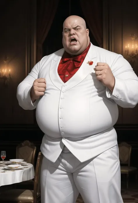 ((body portrait, body shot)), professional intricately detailed award winning glamor photograph, The Kingpin( standing:1.2) at the head of a long opulent marble dining table, bald, screaming in rage, (bloody clenched fists:1.2), ((fat, tall:1.1), morbidly obese, huge, strong, fat bodybuilder, ugly, angry sinister expression, evil eyes, pale skin, (wearing a pristine expensive white tuxedo, white trousers, white shoes:1.1), frown, sunken eyes, (bald:1.1), liver spots:1.2), sweaty, (lavish decor, banquette:1.2), plates of food, lobster, sushi, suckling pig, platters, deep shadows, highly detailed, professional, soft volumetric lighting, realistic, roughness, ultra realistic, photographed on a Canon EOS R5, 50mm lens, muted colors, F/2.8, HDR, 8k resolution, highres, high detail, sharp focus, smooth, roughness, real life, photorealism, photography, 8k uhd, black and blue color palette