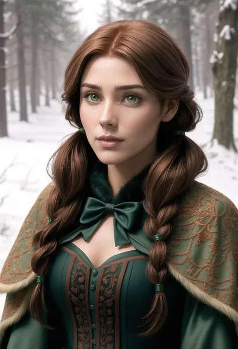 ((ultra intricate details, digital art style, airbrushed)), gorgeous disney princess Anna, redish auburn braided pigtails, wearing a low cut dark green dress, (fur collar:1.1), cloak, (almond eye:1.3)s, in a spooky snowy forest in winteer, upper body shot