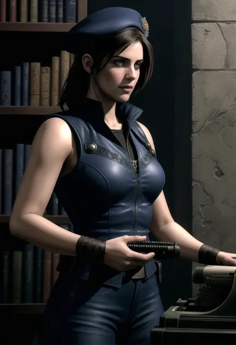 ((ultra intricate details, digital art style, airbrushed)), ((dark, deep shadows, night time)), Jill Valentine standing in a small but reassuring broom closet beside a (typewriter:1.2), musty shelves, wearing (bullet proof vest:1.1) over a blue t-shirt, (military beret:1.1), night time, dusty, spooky, grim, stained wall paper,