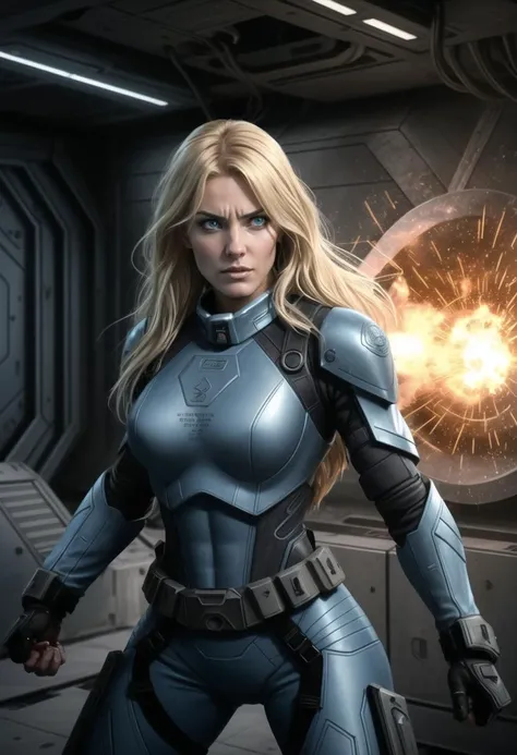 ((ultra intricate details, digital art style, airbrushed)) ((combat action pose)), (long blonde messy hair), professional body shot, an angry female scifi soldier, intense rage, (wearing a skin tight pastel blue futuristic full bodysuit, polished ballistic armor plates, military harness), black eye shadow, (terrifying dark destroyed space station interior background, detritus, emergency lighting, steaming busted pipes, sparks)