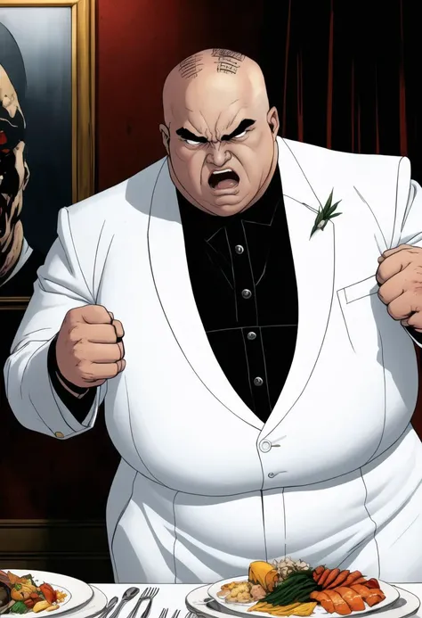 ((ultra detailed, glossy, smooth, comic style)), ((body portrait, body shot)), ((bald)), The Kingpin( standing:1.2) at the head of a long opulent marble dining table, bald, screaming in rage, (bloody clenched fists:1.2), ((fat, tall:1.1), morbidly obese, huge, strong, fat bodybuilder, ugly, angry sinister expression, evil eyes, pale skin, (wearing a pristine expensive white tuxedo, white trousers, white shoes:1.1), frown, sunken eyes, (bald:1.1), liver spots:1.2), sweaty, (lavish decor, banquette:1.2), plates of food, lobster, sushi, suckling pig, platters