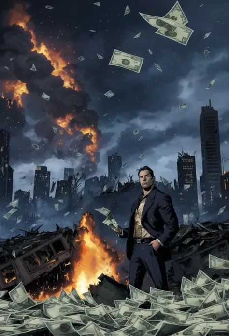 ((ultra detailed, glossy, smooth, comic style)), a prim dapper business man smugly holding a briefcase as the world burns behind him, full body shot, crumbling buildings, fire and brimstone, (cash falling from the sky, dollar bills, money everywhere:1.5), self satisfied expression, smug, selfish, wailing masses fill the street of a burning city, (apocalypse, total destruction, :1.4)