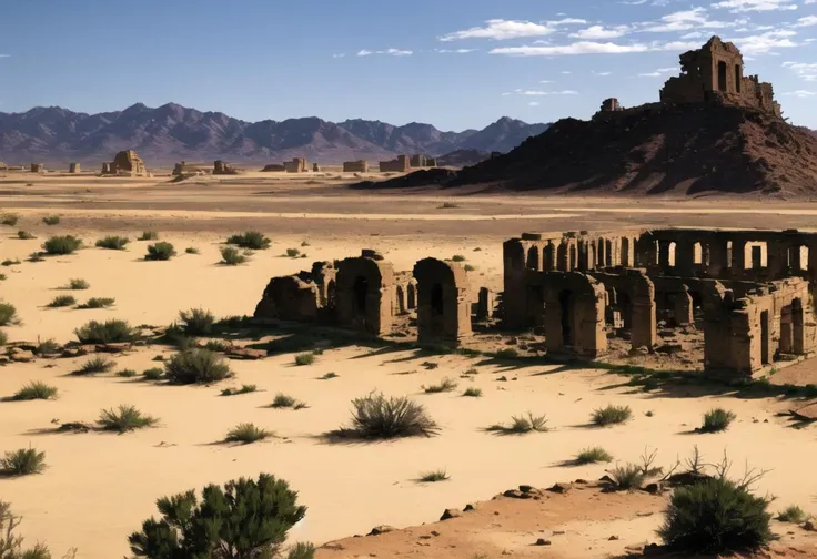 ((ultra detailed, glossy, smooth, comic style)), Majestic vast and beautiful alien fantasy landscape, arid, great desert, arizona, red stone mountains, dunes, plains, rainbow color palette, (distant sprawling ancient ruined city in the distance:1.5)