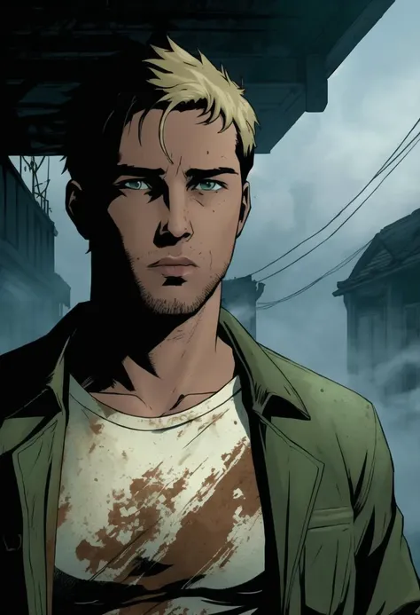 ((ultra detailed, glossy, smooth, comic style)), ((1man, close up body portrait)), (29 year old man:1.1), (James Sunderland from Silent Hill 2:1.3), dark somber and gloomy atmosphere, he is walking the misty abandoned streets of Silent Hill, Wearing a (dark green jacket:1.1) and jeans, (short:1.1) messy dirty-blonde hair, stubble, grizzled, forlorn), deathly silent ruined American town, abandoned town center, empty buildings, empty shopfronts, (thick fog, volumetric mist:1.2),( rusted cars), soft volumetric lighting, muted colors,