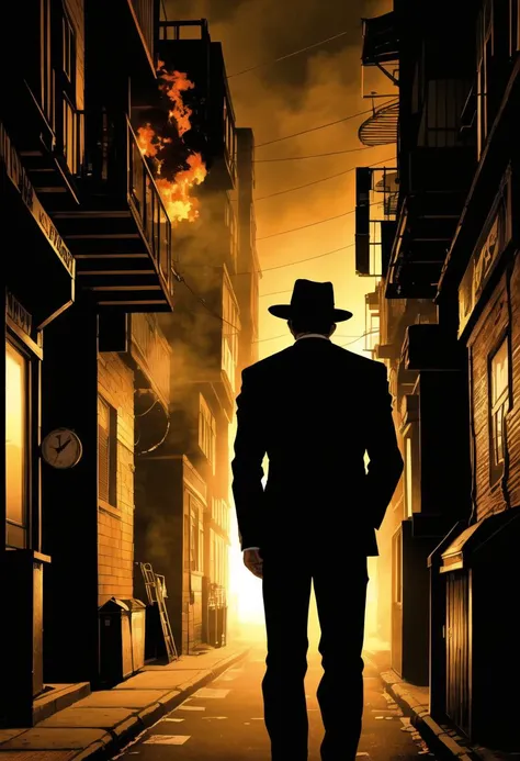 ((ultra detailed, glossy, smooth, comic style)), (night time), black and amber, (a dark and misty New York alley:1.3), body portrait of a shadowy man standing under a street light, wearing a pinstripe suit and fedora, smoking, trail of cigarette smoke, hard edge lighting, steam drifting through the alleyway, brick, fire escapes, dumpsters, bags of rubbish, (black red and orange color palette:1.3)