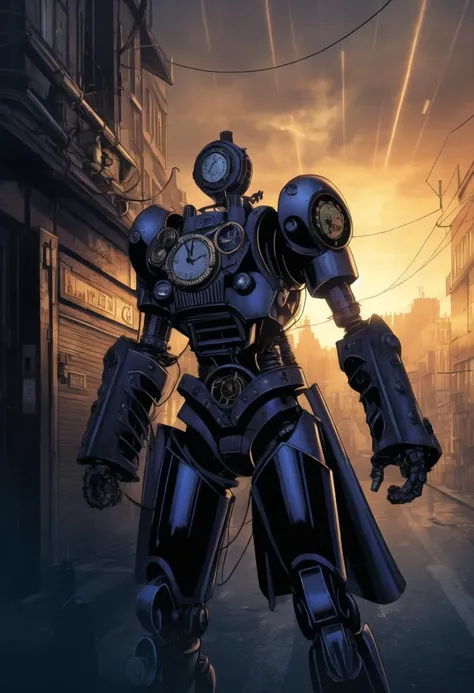 ((ultra detailed, glossy, smooth, comic style)), ((steampunk style)), a cute clockwork robot standing in a rainy crowded city street, (clockwork robotics, cogs and wires, intricate details, dynamic angle, professional, steampunk city background, moody lighting, backlit, god rays,