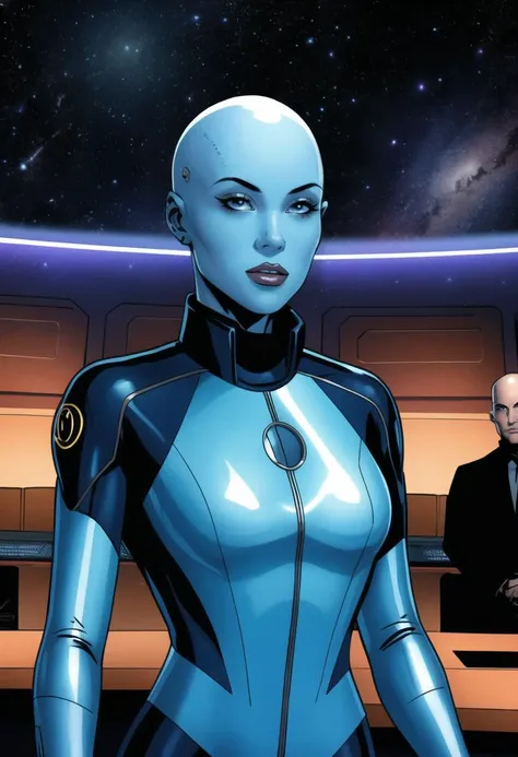 ((ultra detailed, glossy, smooth, comic style)), professional body shot, (bald, blue skinned:1.2) stunningly beautiful scifi (female alien, ridged facial features, filigree blue skin, small breasts), (wearing a high collared regal (futuristic tight fitting bodysuit), blue skin, standing before the galactic council, (clean lavish huge council chamber on a space station, council members arguing in the background)
