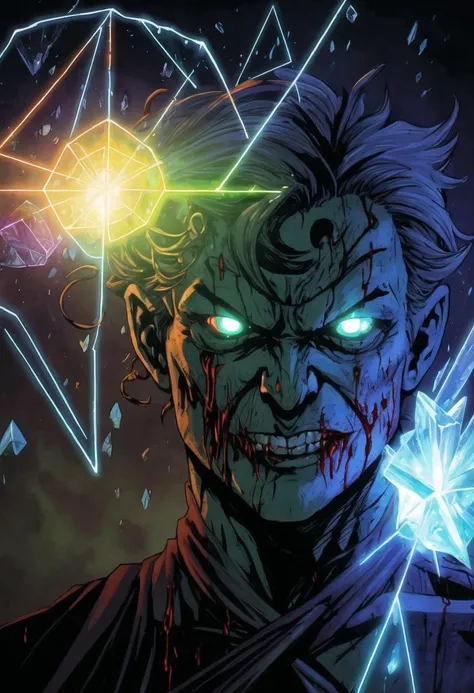 ((ultra detailed, glossy, smooth, comic style)), a looming dark lord, 1man, (portrait:1.2), evil mage with glowing eyes, frowning detailed face, intricately embroidered robes, terrifying, dark, evil castle on a stormy night, lightening, rain, casting a spell, (glowing blood colored magic, corrupted spiraling geometry, cool vibrant crystalline fractures:1.5),