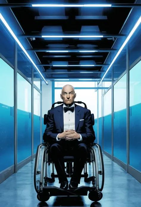 ((ultra detailed, glossy, smooth, comic style)), Charles Xavier sitting in his (futuristic wheelchair) in a mechanical high tech corridor, steel walkway, elderly bald man in a (robotic wheelchair with chrome plating), wearing simple suit, Patrick Stewart|(James McAvoy:0.3)