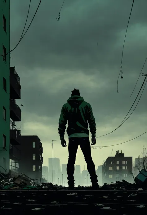 ((ultra detailed, glossy, smooth, comic style)), (a desolate apartment block:1.3), body portrait of a man standing on the sidewalk, (look of accusation:1.4), wearing ripped jeans and a hoodie,garbage everywhere, raining, reflections, rubble, overgrown, hard edge lighting, gloomy overcast day, (dark muted black brown and green color palette:1.3)