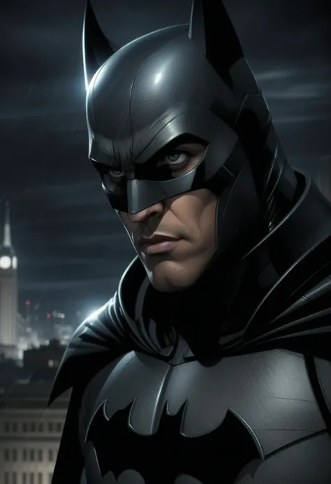 ((ultra intricate details, glossy, smooth, comic style, airbrushed)),  ((dynamic action pose)), ((gloomy night time)), ((extreme close up profile portrait)),batman standing on a gothic cathedral rooftop with his black cape billowing in the wind, detailed eyes, wearing an intricately detailed advanced hi-tech armored batsuit, overlooking Gotham city, dark moody cinematic lighting, raining, reflections, glossy, highly detailed,  professional, realistic, cinematic film still from (the dark knight:0.8)|(batman v superman:0.7)|(arkham knight:0.9)