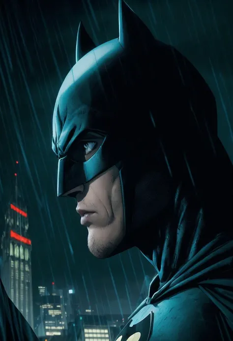 ((dynamic action pose)), ((gloomy night time)), ((extreme close up profile portrait)),batman standing on a gothic cathedral rooftop with his black cape billowing in the wind, detailed eyes, wearing an intricately detailed advanced hi-tech armored batsuit, overlooking Gotham city, dark moody cinematic lighting, raining, reflections, glossy, highly detailed, professional, realistic, cinematic film still from (the dark knight:0.8)|(batman v superman:0.7)|(arkham knight:0.9)