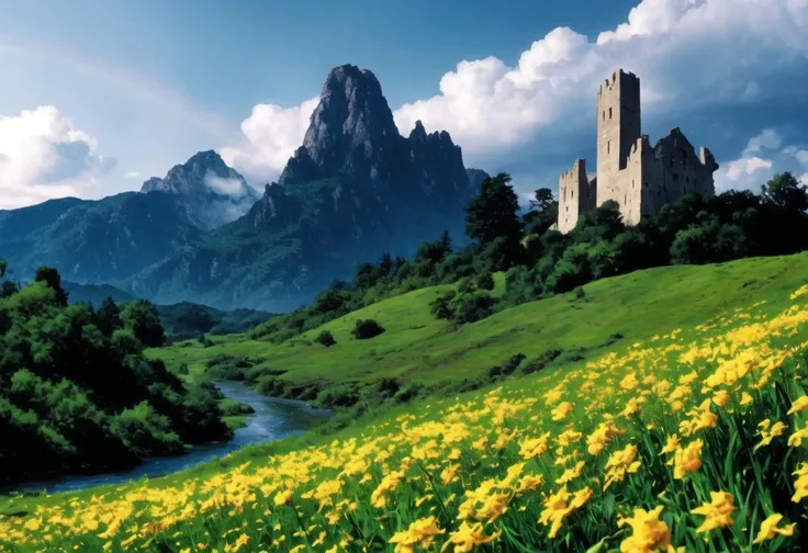 ((ultra detailed, glossy, smooth, comic style)), Majestic vast and beautiful alien fantasy landscape, castles, ruins fortresses, rivers mountains, plains, rainbow color palette, waterfalls forests, depth of field, film grain, smooth, roughness, real life,backlit, hard edge lighting, dramatic cinematic lighting, soft edge lighting, (bloom:1.2), (warm vibrant colors:1.3), cinematic Film still from the lord of the rings|krull|cannibal holocaust