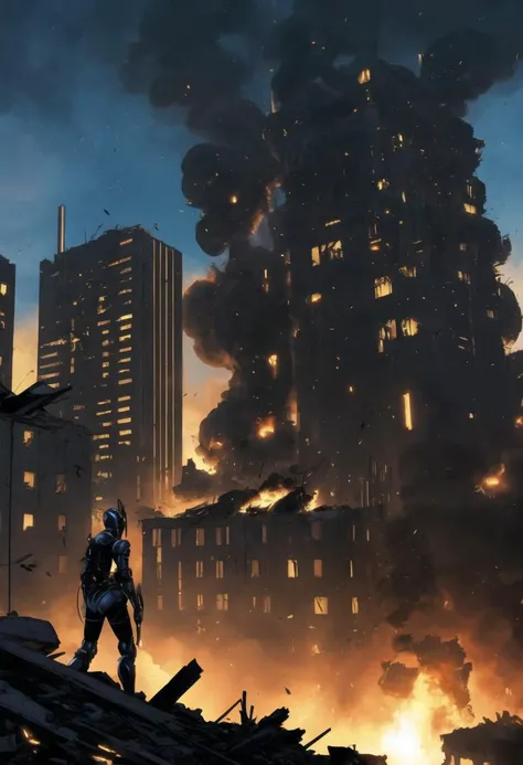 ((ultra detailed, glossy, smooth, comic style)), (1girl:1.2), body wide angle shot, futuristic cyborg warrior in a ruined city, warzone, explosions, billowing smoke,towering destroyed buildings, robots, alien spacecraft,