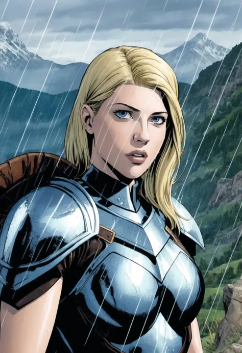 ((ultra detailed, glossy, smooth, comic style)), , 25 year old 1girl, upper body, (Katheryn Winnick|(Tricia Helfer:0.1)), (worn brown leather armor:1.2), wet (blonde hair), distant mountains, (rain:1.2), coast,