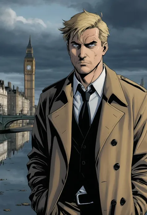 ((ultra detailed, glossy, smooth, comic style)), ((body portrait, body shot)), John Constantine walking the dreary streets of London, (old battered tattered) beige trench-coat, open white shirt, loose tie, grizzled face, (weary eyes, grim expression, harrowed look, somber:1.3), messy short blonde hair, hands in pockets, gray overcast sky, puddles, reflections,