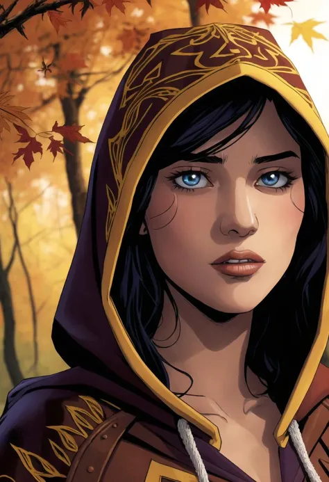 ((ultra detailed, glossy, smooth, comic style)), ((intricate details, extreme close up portrait)), hypnotically beautiful wood elf in a verdant forest, beauty mark, ((wearing skimpy soft leather armor and an intricately embroidered hooded rainbow cloak, autumnal)), mesmerizing eyes, emotive longing expression, sun set
