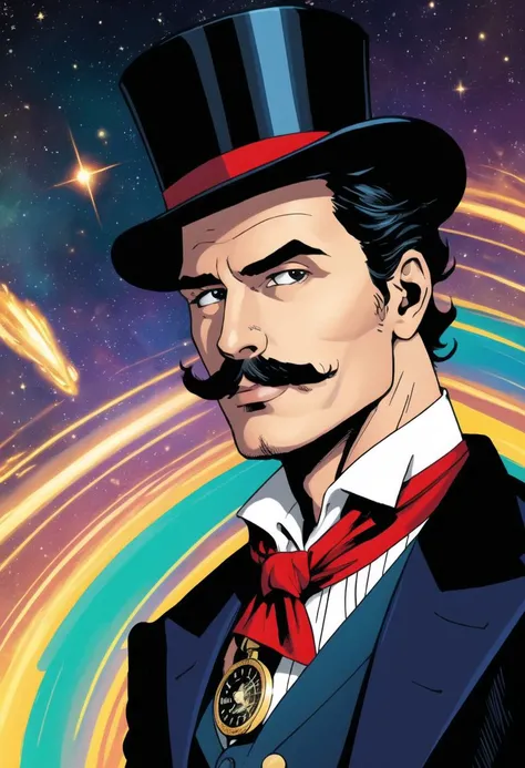 ((ultra detailed, glossy, smooth, comic style)), (1man), an english businessman wearing a top hat sauntering along the vast and beautiful cosmos, easy smile, mustache, monocle, holding a pocket watch, (professional portrait:1.3), quizzical expression, raised eyebrow, Johnny Depp|henry cavill|Mark Hamill, (fractal galaxies, swirling spiraling rapturous geometric cosmos, breathtakingly beautiful, vibrant colors)