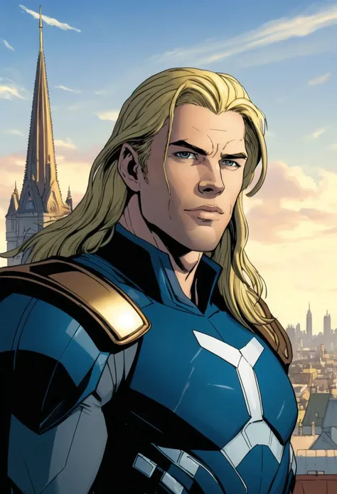 ((ultra detailed, glossy, smooth, comic style)), (1man with long blonde hair:1.5), Chris Hemsworth|(hugh jackman:0.8), Thor from the avengers standing on the rainbow bridge with the scifi majestic Asgard city in the background, windblown cape, (vast sprawling white fantasy city, white fluted spires, gold rooftops, epic domes, clear sunny sky:1.3), highly detailed, depth of field, ((close upper body portrait))