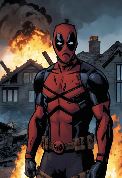 ((ultra detailed, glossy, smooth, comic style)), deadpool standing in front of an exploding stately home, intricately detailed filthy ripped red deadpool outfit, massive explosion, rubble, burning manor in the background, highly detailed, ((close upper body portrait))