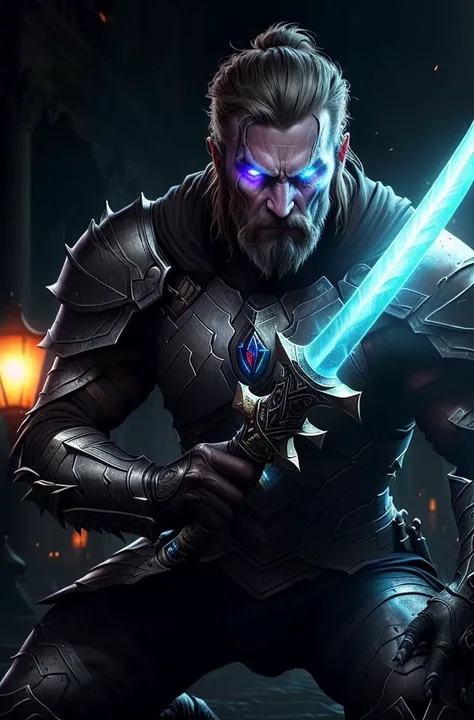 ((best quality)), ((masterpiece)), ((hyper-realistic)), (ultra-detailed), a ragged paladin on one knee, wielding a (glowing sword) as a light source, surrounded by darkness, demonic creatures emerging from the shadows, shadow creatures in the background, dimly lit, high quality, , sharp focus, (by artgerm), (by arny freytag:1.3), ominous mood, dark theme, despair, (highly detailed face), realistic skin texture