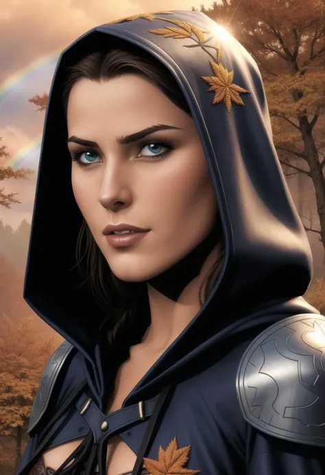((ultra intricate details, glossy, smooth, comic style, airbrushed)),((intricate details, extreme close up portrait)), hypnotically beautiful wood elf in a verdant forest, beauty mark, ((wearing skimpy soft leather armor and an intricately embroidered hooded rainbow cloak, autumnal)), mesmerizing eyes, emotive longing expression, sun set