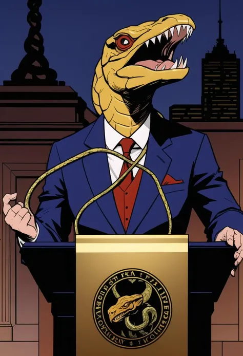 ((ultra detailed, glossy, smooth, comic style)), anthro the snake headed man giving a speech, standing behind a podium, globalist flag with a symbol for the earth behind him, man with a (snake head:1.2), detailed red slit evil eyes, wearing an expensive suit, shined shoes, forked tongue, needle like fangs, manic grin, hissing, man with a snake head