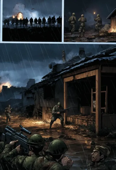 ((ultra detailed, glossy, smooth, comic style)), brutal trench war scene from world war 2, night time, explosions, gun fire, (hiding soldiers:1.2),( mud, raining:1.2), ( terror, filthy, blood, wounded:1.3), screaming, highly detailed, ((1man cowering, huddled against a all, body portrait)),