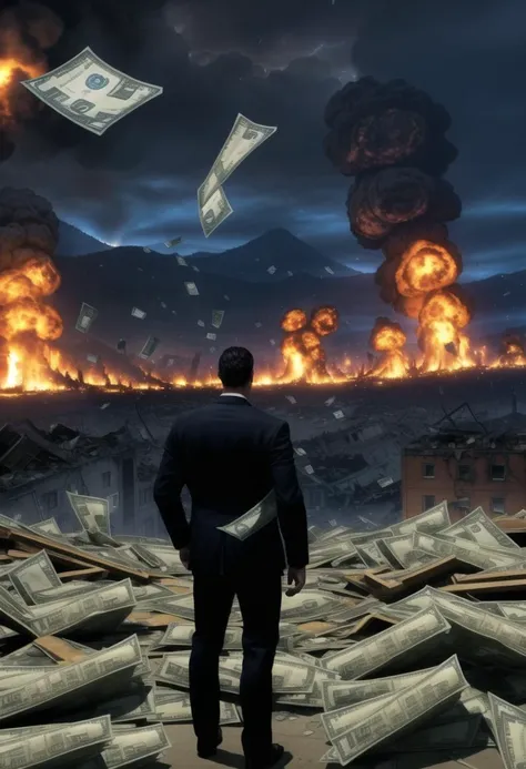 ((ultra intricate details, glossy, smooth, comic style, airbrushed)), a prim dapper business man smugly holding a briefcase as the world burns behind him, full body shot, crumbling buildings, fire and brimstone, (cash falling from the sky, dollar bills, money everywhere:1.5), self satisfied expression, smug, selfish, wailing masses fill the street of a burning city, (apocalypse, total destruction, :1.4)