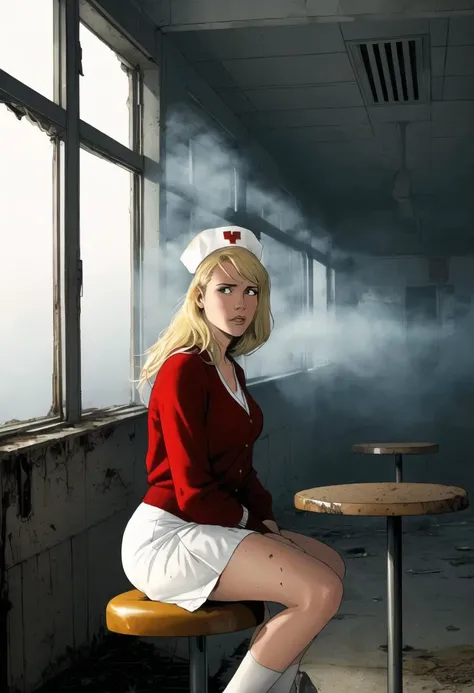 ((ultra detailed, glossy, smooth, comic style)), ((body shot)), (1girl:1.2), Lisa Garland from Silent Hill, tragic 23 year old nurse (sitting in an abandoned (dilapidated:1.1) misty (American diner:1.1), (white nurses uniform under a (red cardigan:1.1), white skirt, long (dirty-blonde:1.1) hair, sad, forlorn, worried, heart broken, (thick volumetric haze mist everywhere:1.3), dirty tables and stools, crusty countertops, broken windows, white vintage nurse hat