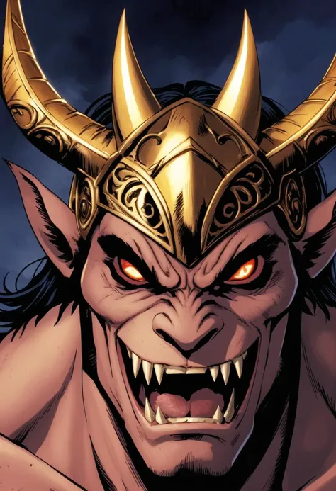 ((ultra detailed, glossy, smooth, comic style)), close up portrait, (the great god Pan, intricately detailed monster male masculine faun face:1.2), rams horns, evil eyes, filigree, (anger, rage hate, ornate helm, monstrous, pointed teeth:1.4), animal like facial features, wide sinister grin,