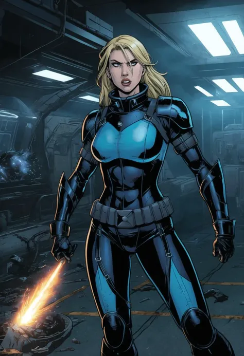 ((ultra detailed, glossy, smooth, comic style)), ((combat action pose)), (long blonde messy hair), professional body shot, an angry female scifi soldier, intense rage, (wearing a skin tight pastel blue futuristic full bodysuit, polished ballistic armor plates, military harness), black eye shadow, (terrifying dark destroyed space station interior background, detritus, emergency lighting, steaming busted pipes, sparks)