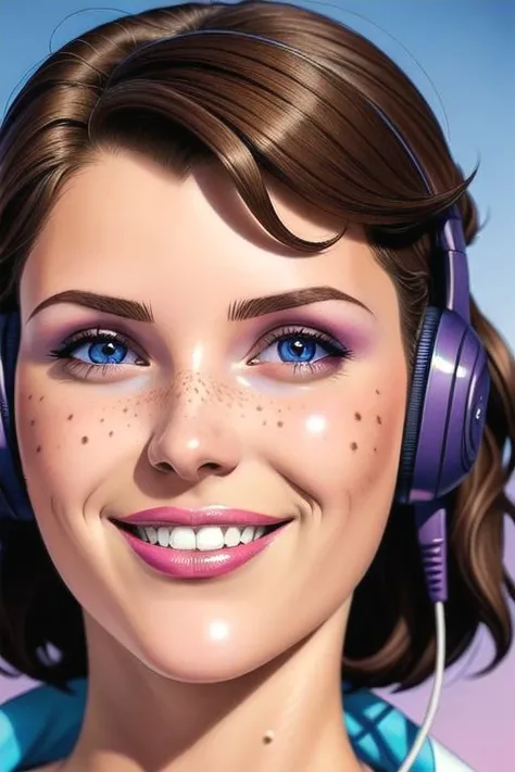 ((ultra intricate details, glossy, smooth, comic style, airbrushed))
BREAK
1girl, close up face, very messy short hair, freckles across bridge of nose and cheekbones, huge flirty smile, sunglasses with colored lenses, big chunky headphones