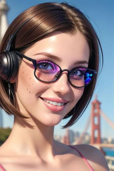 ((ultra intricate details, digital art style, airbrushed))
BREAK
1girl, close up face, very messy short hair, freckles across bridge of nose and cheekbones, huge flirty smile, sunglasses with colored lenses, big chunky headphones