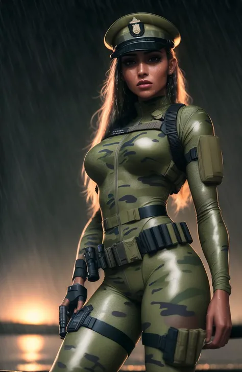 best quality++, masterpiece++, ultra realistic++, night++, RAW, Analog, cinematic film still, full body portrait of tanned Arabian 1girl dressed in a skintight sexy army uniform++, sodden camo leggins, military harness+, camo cap, ammo belt, knee boots, on the deck of an aircraft carrier, raining++,  backlit, open buttons, wet, small breasts, sweat, deep shadows