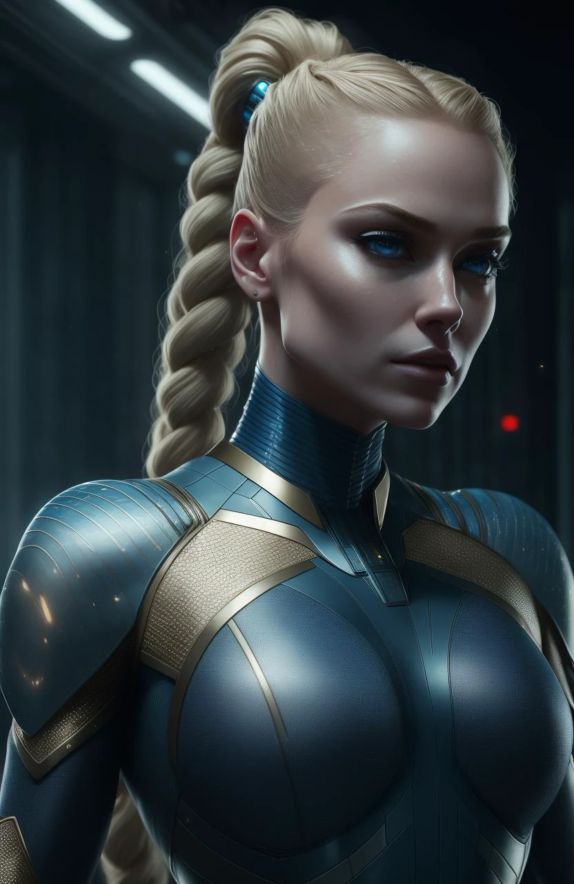 best quality++, masterpiece++, ultra realistic++, night++, RAW, Analog, cinematic film still, blonde braided ponytail, cinematic film still from metriod|the expanse|star trek beyond, big breasts, award winning glamor photograph of female scifi warrior wearing a sheer skin tight ultra-detailed Filigree covered latex futuristic white bodysuit, military pose+, beautiful highly detailed blue eyes, freckles, thick black eyeliner, black eye shadow, (terrifying dark destroyed space station interior background)++, (liv tyler|Kathryn Winnick),