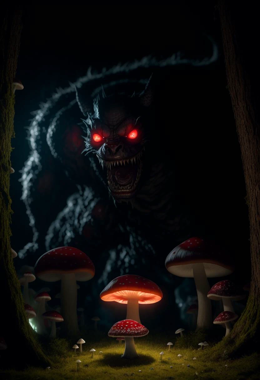 (((best quality)), ((masterpiece)), ((ultra realistic)), night, RAW, Analog, low angle shot of a colossal evil terrifying screaming mutated fungus monster with needle sharp teeth, cinematic film still from the movie ghostbusters, night, (manic), sinister grin, (glowing angry eyes), intricately detailed evil face, epic proportions, highly detailed horrific mushroom god in a dark forest, ((glowing mushrooms everywhere)) , deep shadows, sharp focus,