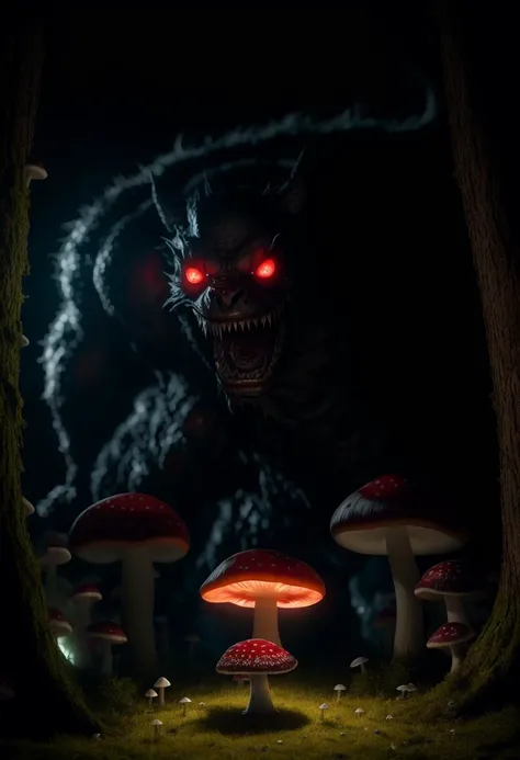 (((best quality)), ((masterpiece)), ((ultra realistic)), night, RAW, Analog, low angle shot of a colossal evil terrifying screaming mutated fungus monster with needle sharp teeth, cinematic film still from the movie ghostbusters, night, (manic), sinister grin, (glowing angry eyes),  intricately detailed evil face, epic proportions, highly detailed horrific mushroom god in a dark forest, ((glowing mushrooms everywhere)) , deep shadows, sharp focus,