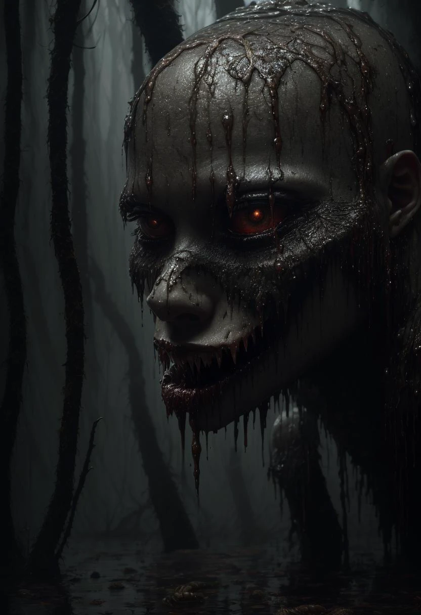 highly detailed soft oil painting, trending on artstation, dark swamp, flesh, night, cinematic film still from cannibal holocaust, demented face, giant imposing mutated male monster, bald, split skin, smooth translucent skin, subsurface scattering, detailed pale eggshell sickly wet skin, twisted features, in a dark swamp, highly detailed, (((worms everywhere))), muted colors, ((darkness)), best quality, masterpiece, realistic, roughness, ultra realistic,