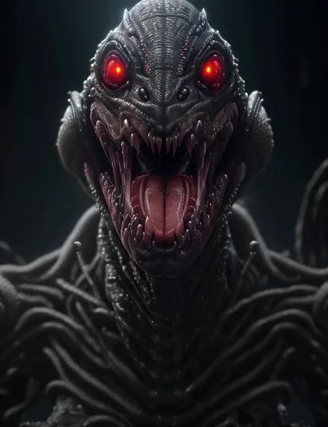 ultra realistic unreal engine 5 render, grotesque mutated freak, disgusting male insectoid alien creature, fleshy leathery skin, terrifying evil face, extended tongue, needle teeth, full body, too many limbs, ultra detailed eyes, gaping maw, intricate details, dark abandoned spacecraft corridor, rubble, pipes, moody cinematic lighting,