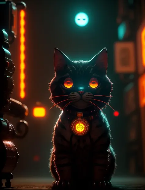 best quality++, masterpiece++, ultra realistic++, night++, RAW, Analog, cinematic film still from the movie ghostbusters, futuristic robot cat, steampunk aesthetic, cogs, pipes, steam powered cute cat, intricate details, dynamic angle, professional, dynamic cinematic lighting, neon edge lighting,