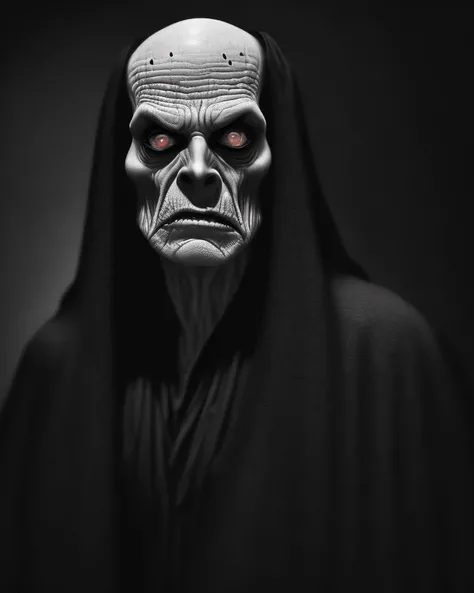 55mm lens, professional black and white portrait photograph, glamor photography, night time, low angle, terrifying Nosferatu vampire lord, gaunt face, emaciated, haunting big eyes, bald, wrinkled skin, long fangs, tattered robes, pasty skin, dark gothic cathedral interior, detailed background, best quality++, soft cinematic lighting, sharp focus++