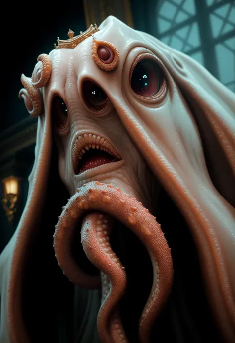 ((best quality, ((masterpiece)), ((ultra realistic)), intricate details, cinematic film still, extreme close up portrait, giant imposing evil royal cthulhu monter, squid face, smooth translucent skin, subsurface scattering, detailed pale eggshell sickly wet skin, tentacle fingers, ripped embroidered soiled robes of office, ornate scepter, highly detailed, muted colors, soft volumetric lighting, best quality, masterpiece, realistic, roughness, ultra realistic,