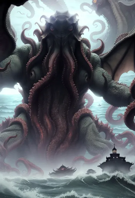 ((best quality)), ((masterpiece)), ((inked)), majestic intricately detailed soft oil painting by jim lee,( imposing giant evil royal cthulhu monster rising from the sea:1.5), squid face, sitting on his throne, smooth translucent skin, subsurface scattering, detailed pale eggshell sickly wet skin, tentacle fingers, terrible, regal, hideous, towering over a coastal town, (backlit:1.3), highres, depth of field, (deep shadows:1.2), high detail, sharp focus, smooth, roughness, real life, backlit,