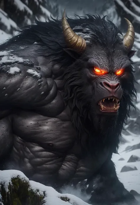 ((best quality)), ((masterpiece)), ((inked)), close up soft oil painting by jim lee,((night)), RAW, Analog, dark , ((full body shot of a giant angry ogre)), terrifying detailed monstrous face, long horns, ((fur covered body, dark gray skin)), muscular body, on a snowy mountainous pass, moonlight, photographed on a Canon EOS R5, 50mm lens, F/2.8, HDR, 8k resolution, highres, high detail, sharp focus, smooth, roughness, real life, photorealism, photography, 8k uhd, backlit, hard edge lighting, deep shadows