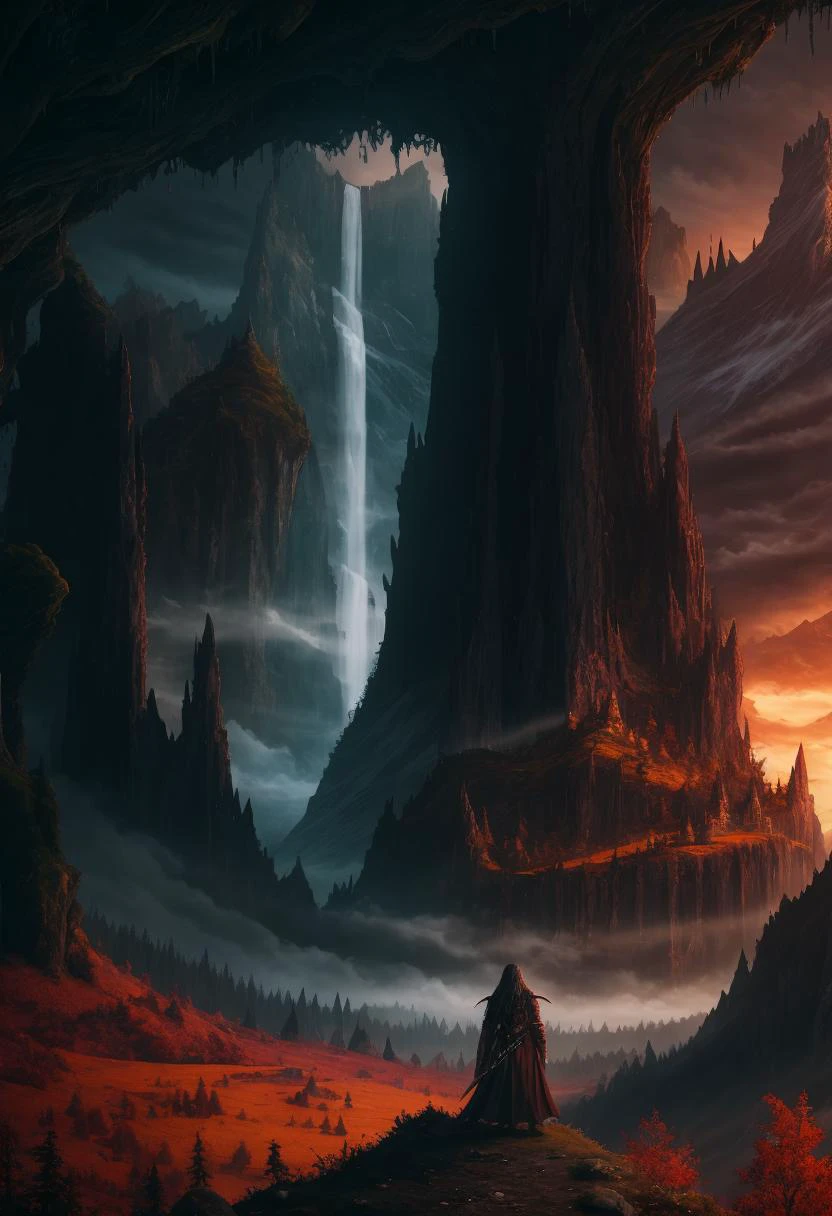 ((best quality)), ((masterpiece)), ((inked)), majestic intricately detailed soft oil painting by jim lee, Majestic vast and beautiful alien fantasy landscape, castles, ruins fortresses, rivers mountains, plains, rainbow color palette, waterfalls forests, depth of field, film grain, smooth, roughness, real life,backlit, hard edge lighting, dramatic cinematic lighting, soft edge lighting, (bloom:1.2), (warm vibrant colors:1.3), photographed on a Canon EOS R5, 50mm lens, F/2.8, HDR, professional, dramatic cinematic lighting, cinematic Film still from the lord of the rings|krull|cannibal holocaust, (dark fantasy style:1.5)