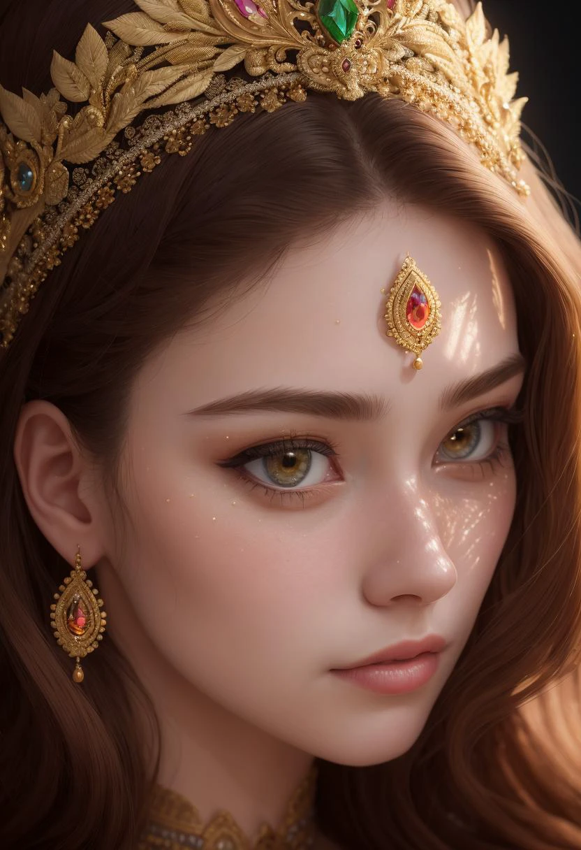 ((best quality, ((masterpiece)), ((ultra realistic)), extreme close up portrait, 1girl, RAW, Analog, (intricate details), extreme close up, award winning portrait photograph, perfect skin, ornate tiara, stunning ginger irish goddess, defined facial features, (flecks of gold), jeweled head band, peaceful expression, regal, heavenly background, light from behind, ultra detailed, detailed face, intricate details, (highly detailed), professional, masterpiece,