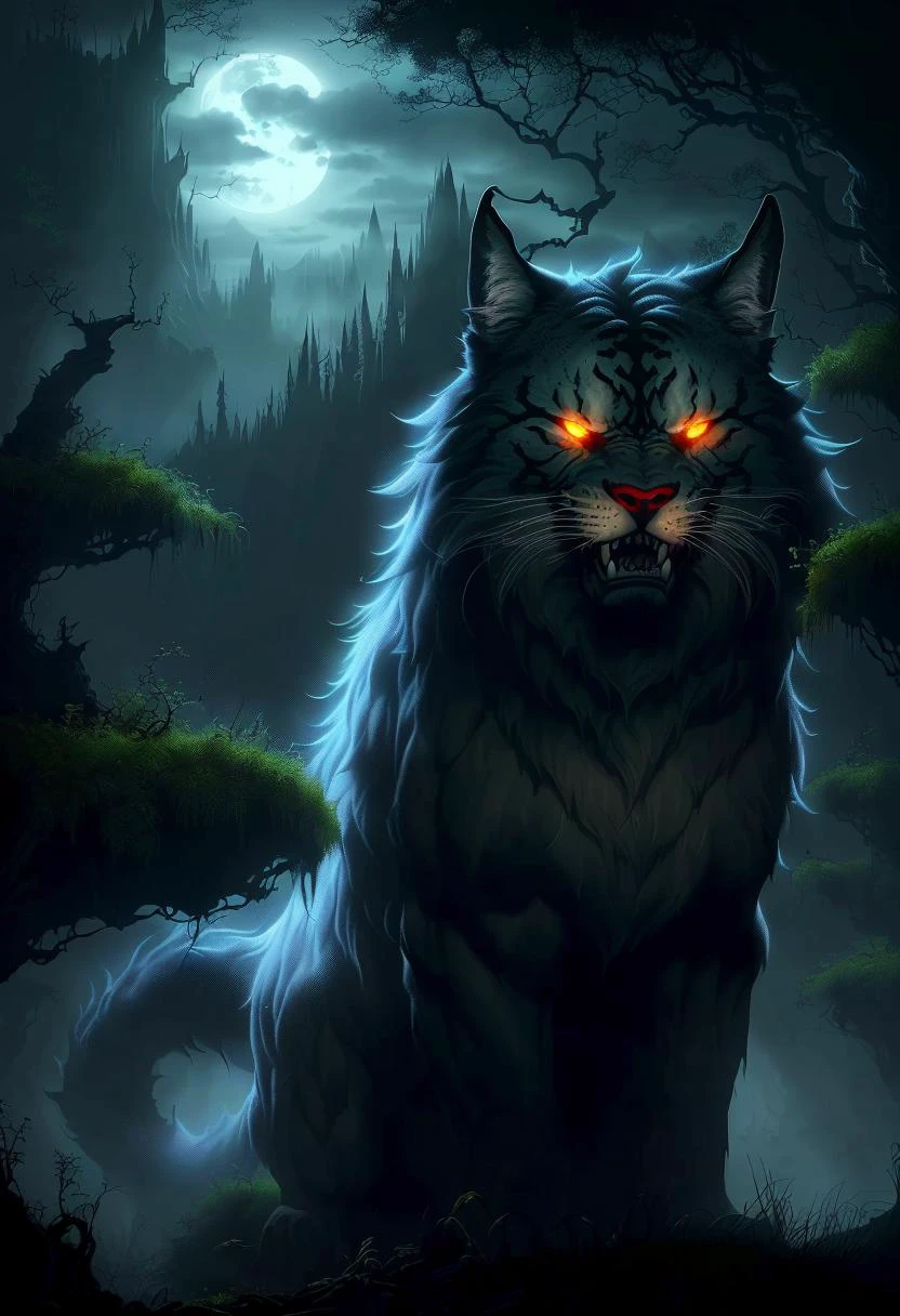 ((best quality)), ((masterpiece)), ((inked)), darkly moody professional intricate soft oil painting, by jim lee, of an evil gnarled giant feline monster, terrifying huge monster with glowing eyes and needle sharp teeth, full body, wrathful nature god, intricately detailed vines and bark, angry expression, moonlight, deep shadows, depth of field, film grain, smooth, roughness, real life,backlit, hard edge lighting,