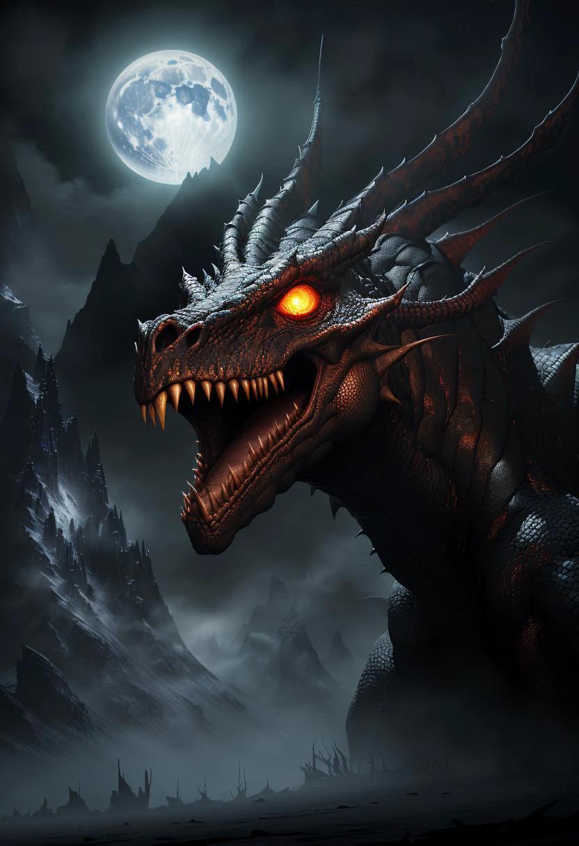((best quality)), ((masterpiece)), ((inked)), majestic soft oil painting by jim lee, trending on artstation, ((night, darkness)), close up portrait, giant imposing reptilian evil dragon, detailed horned ridged features, horns everywhere, glowing mesmerizing eyes, needle sharp teeth, moon lit snowy mountain side, highly detailed, muted colors, soft volumetric lighting, detailed background, best quality, masterpiece, soft edge lighting,